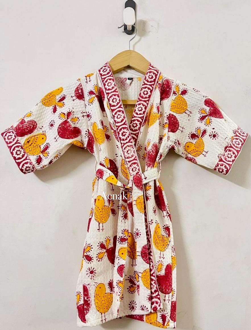 Orange & Red Sparrow Handblock Cotton Bathrobe Set