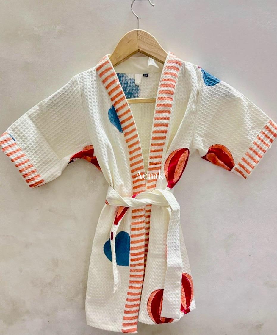 Blue & Red Parachute Handblock Cotton Bathrobe Set