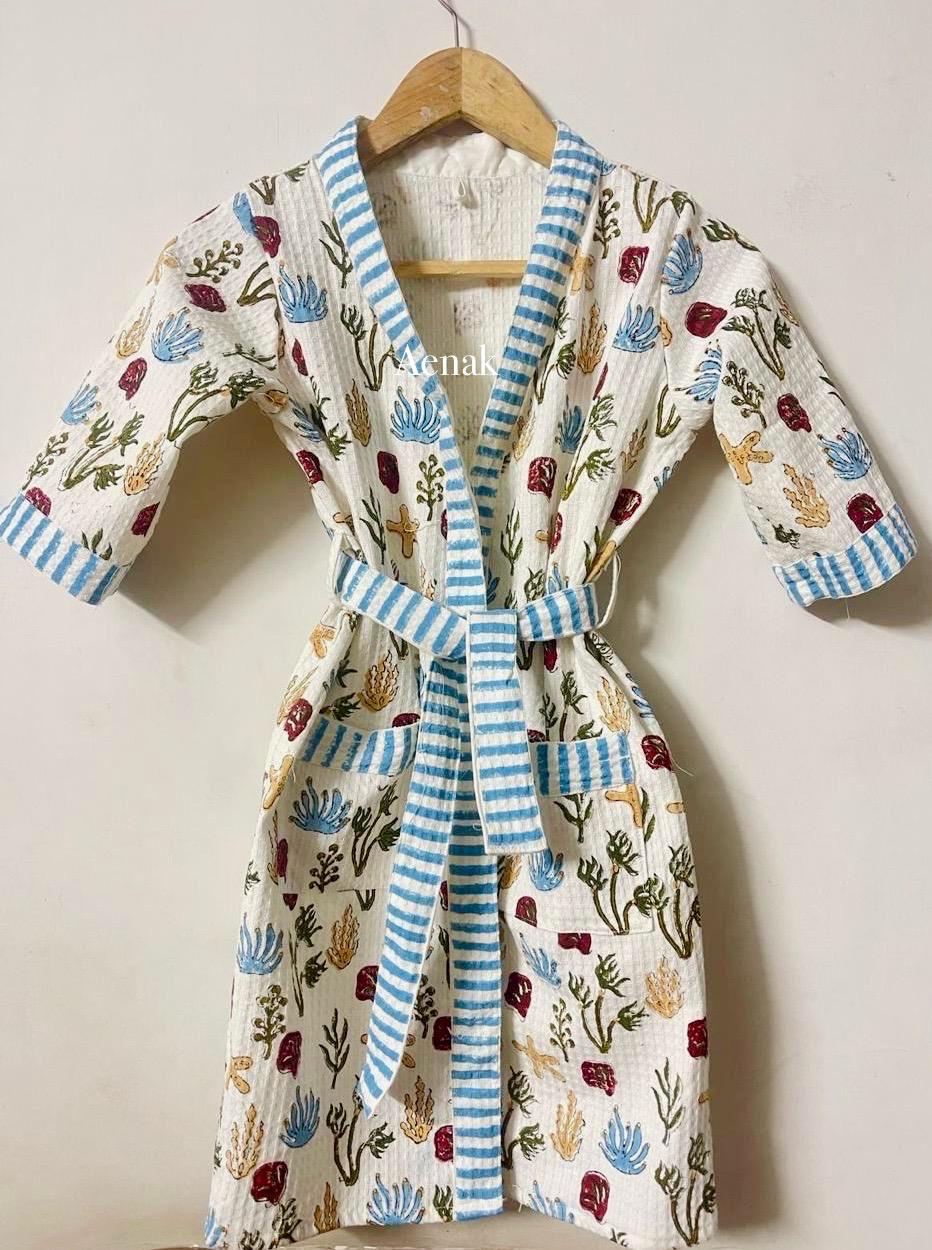 Aquatic Print Handblock Cotton Bathrobe Set