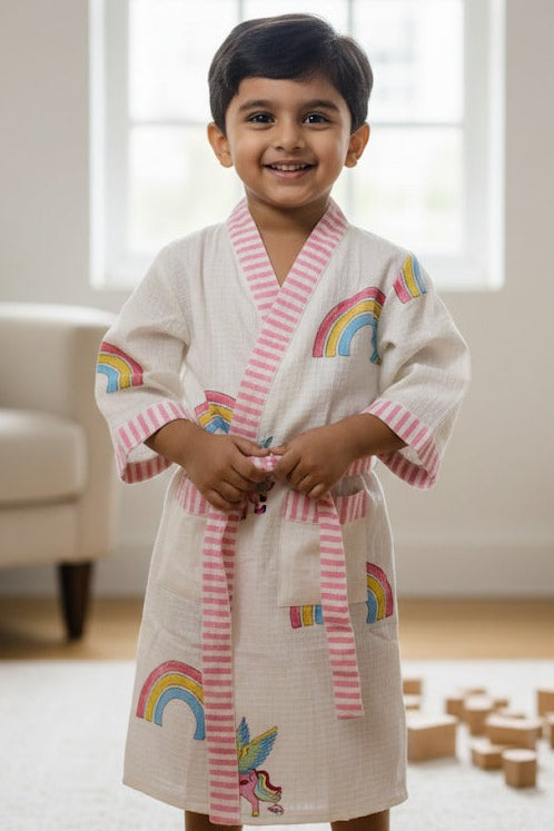 Rainbow Print Handblock Cotton Bathrobe