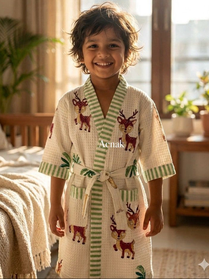 Cute Deer Print Handblock Cotton Bathrobe