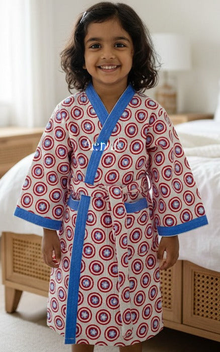 Red Circle Handblock Cotton Bathrobe