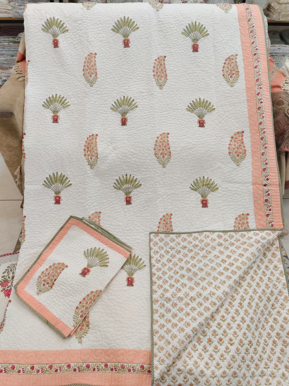 Amber Palm Handblock Reversible Quilted Bedcover Set