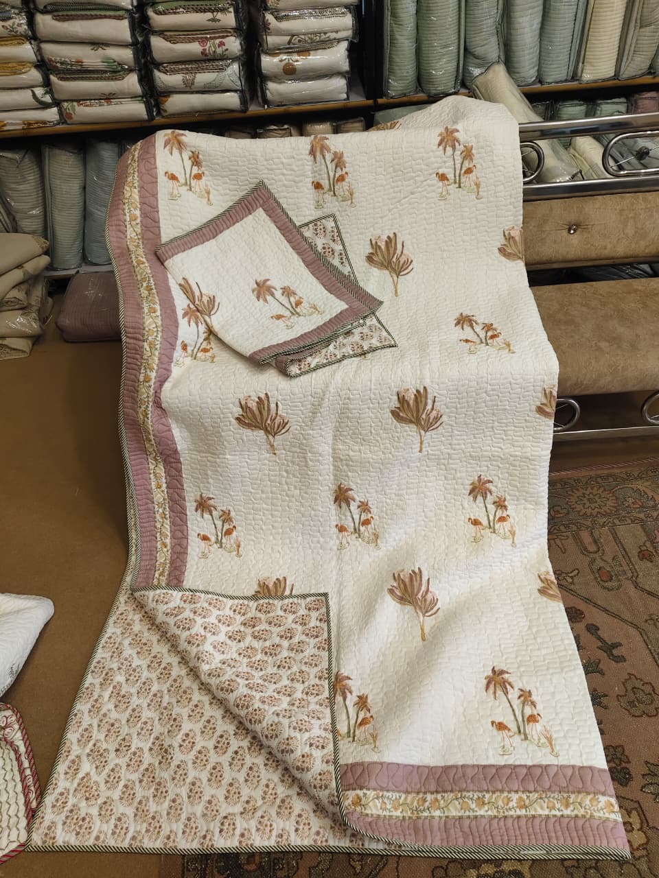 Dusty Palm Handblock Reversible Quilted Bedcover Set