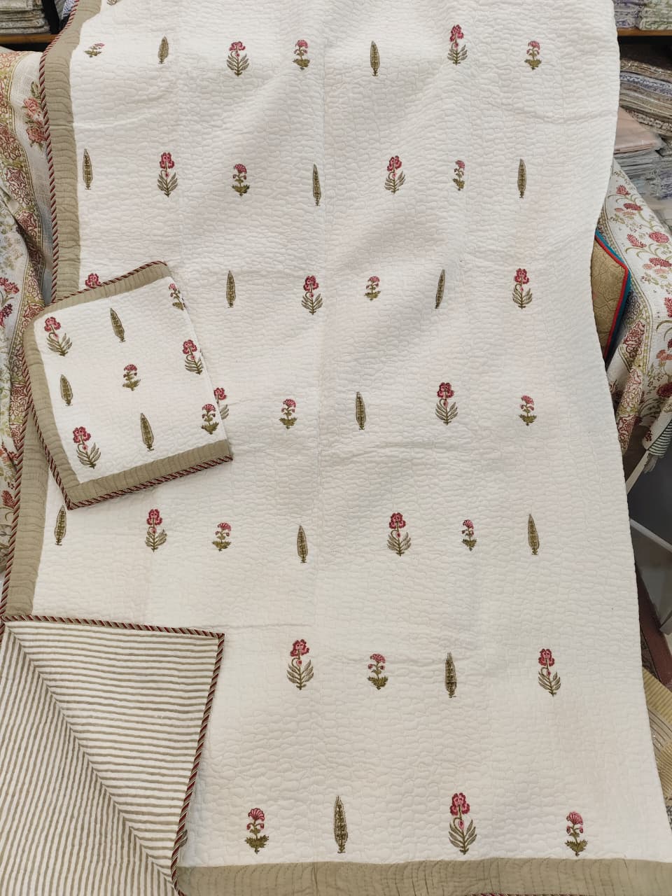 Gulab Booti Handblock Printed Reversible Quilted Cotton Bedcover- 105x108