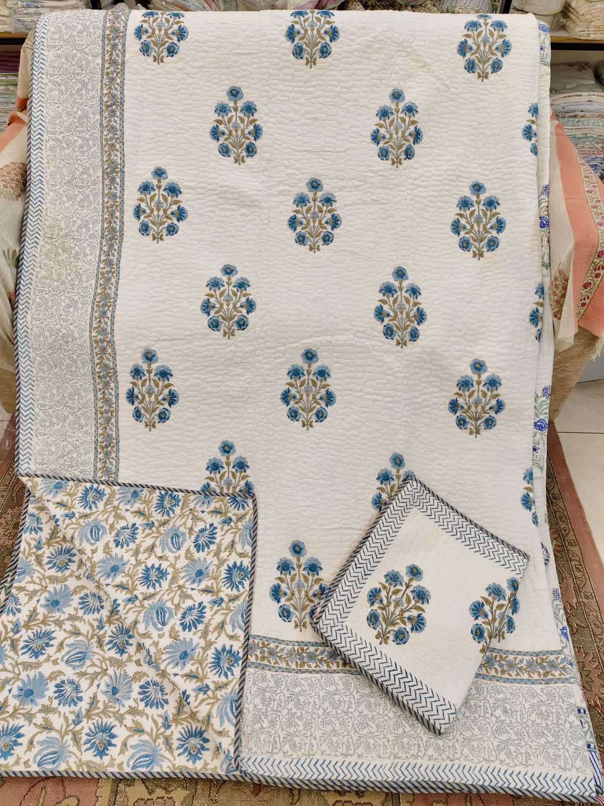 Royal Indigo Buta Handblock Printed Reversible Quilted Cotton Bedcover Set- 105x108