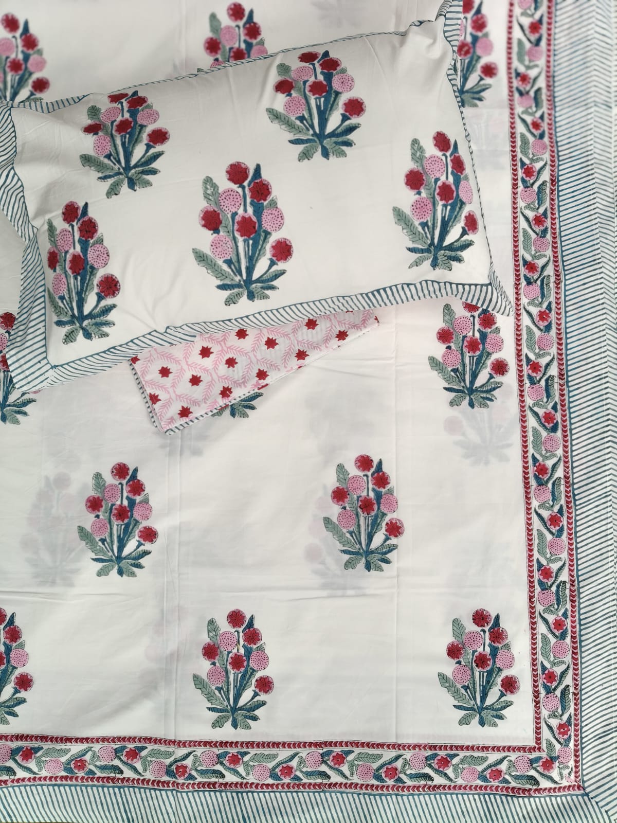 Gardenia Red Handblock Premium Cotton Bedsheet Set