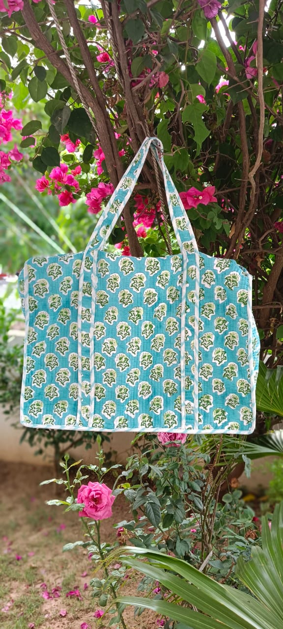 Teal Blue Quilted Cotton Zipper Travel Bag