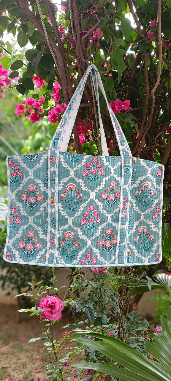 Pink & Blue Floral Quilted Cotton Zipper Travel Bag