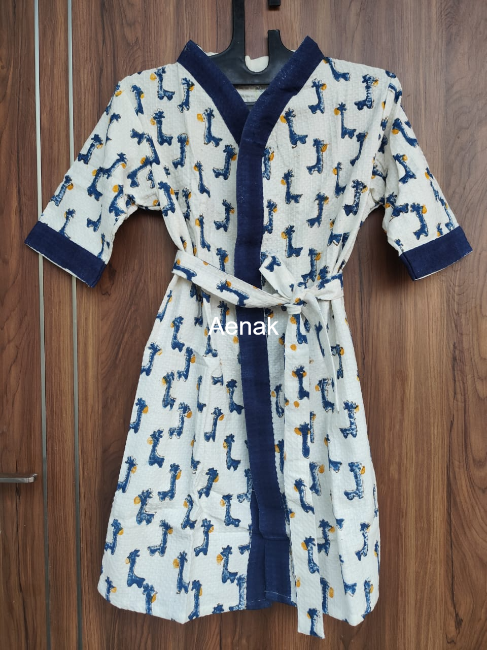 Blue Dinosaur Handblock Cotton Bathrobe