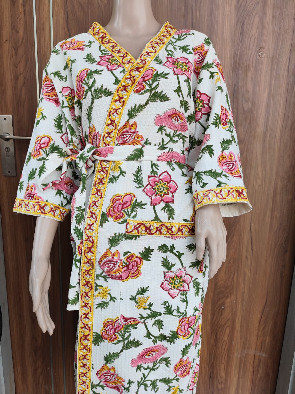 Pink Phool Handblock Waffle Cotton Bathrobe