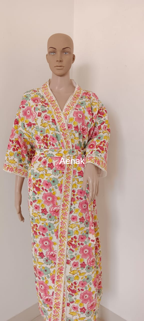 Pink Floral Garden Handblock Waffle Cotton Bathrobe