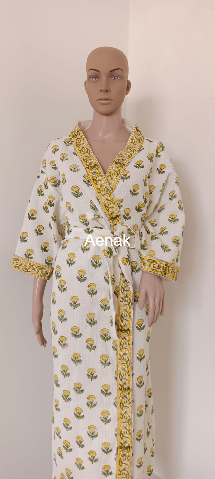 Tiny Yellow Marigold Handblock Waffle Cotton Bathrobe