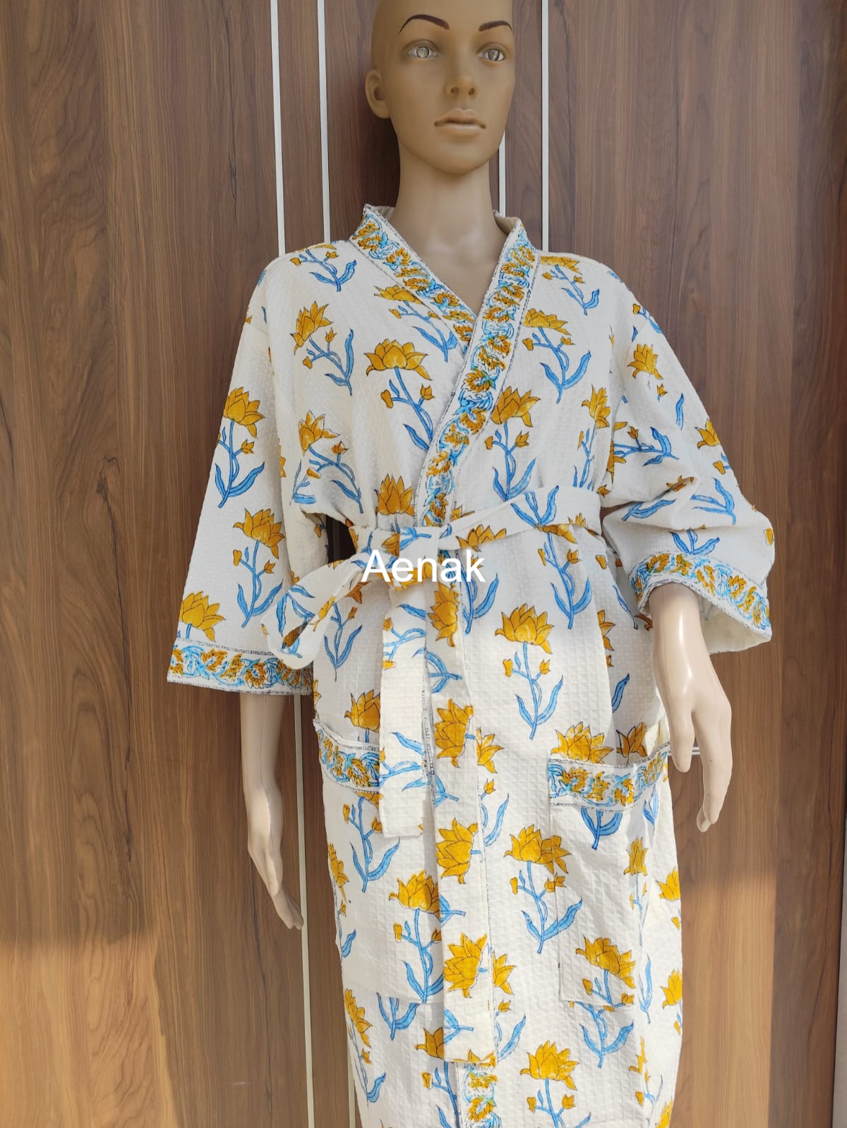 Yellow Lotus Handblock Waffle Cotton Bathrobe Set