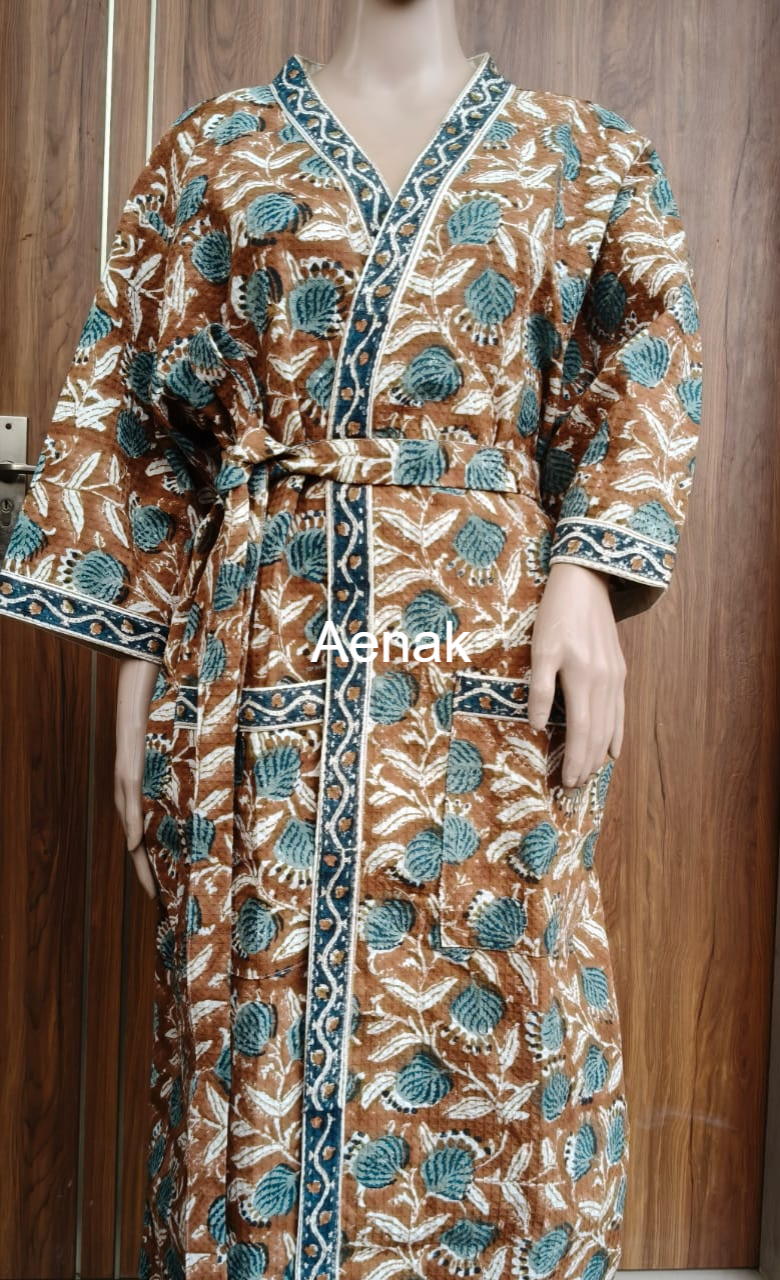 Royal Sanganer Handblock Waffle Cotton Bathrobe Set