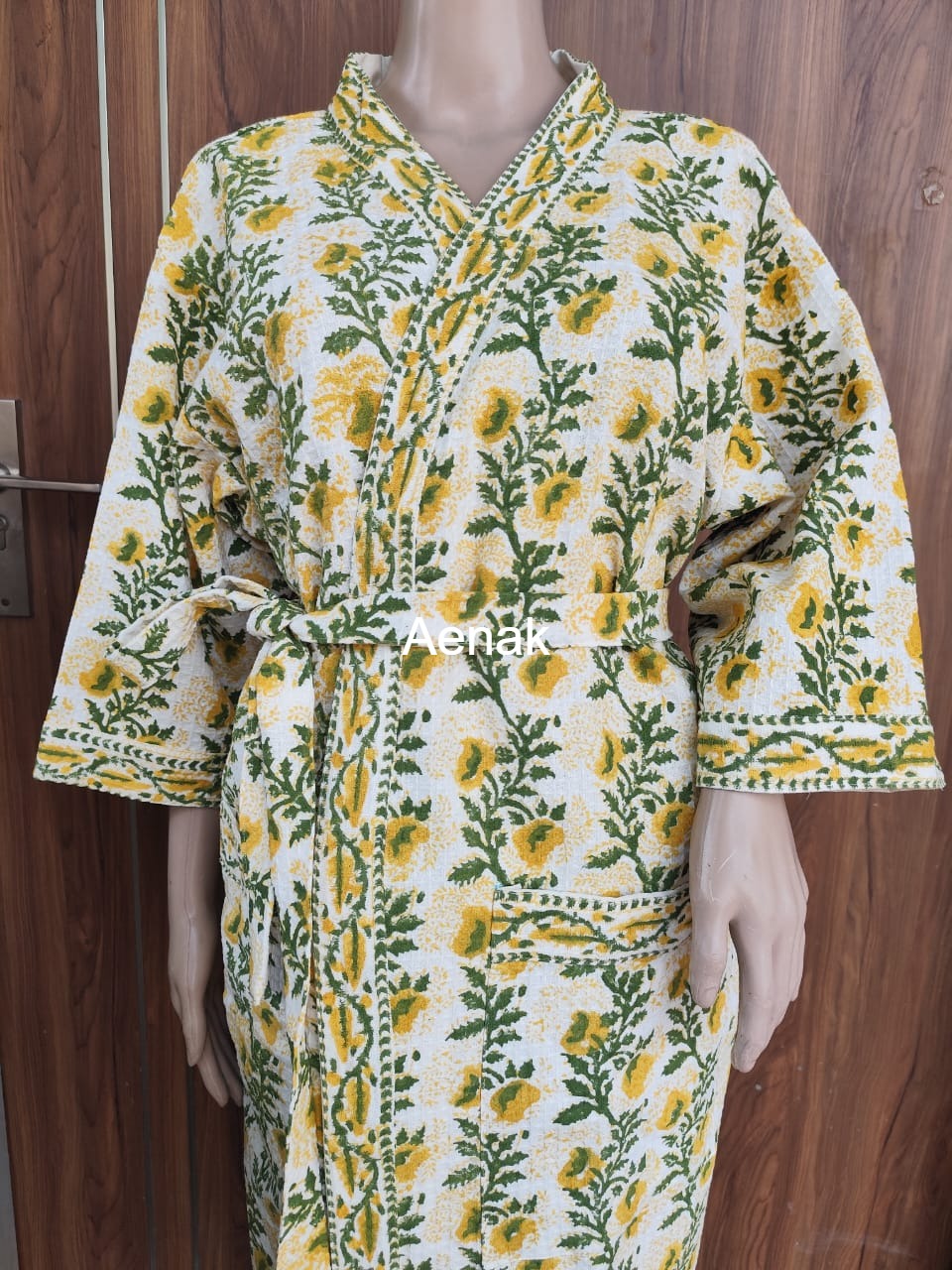 Yellow Phool Handblock Waffle Cotton Bathrobe Set