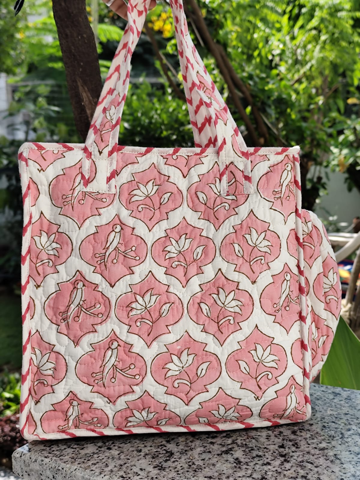 Pink Parrot Boota Handblock Lunch Bag