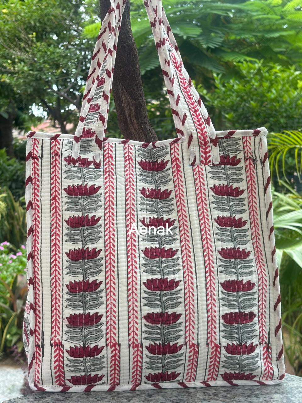 Red Lotus Handblock Lunch Bag