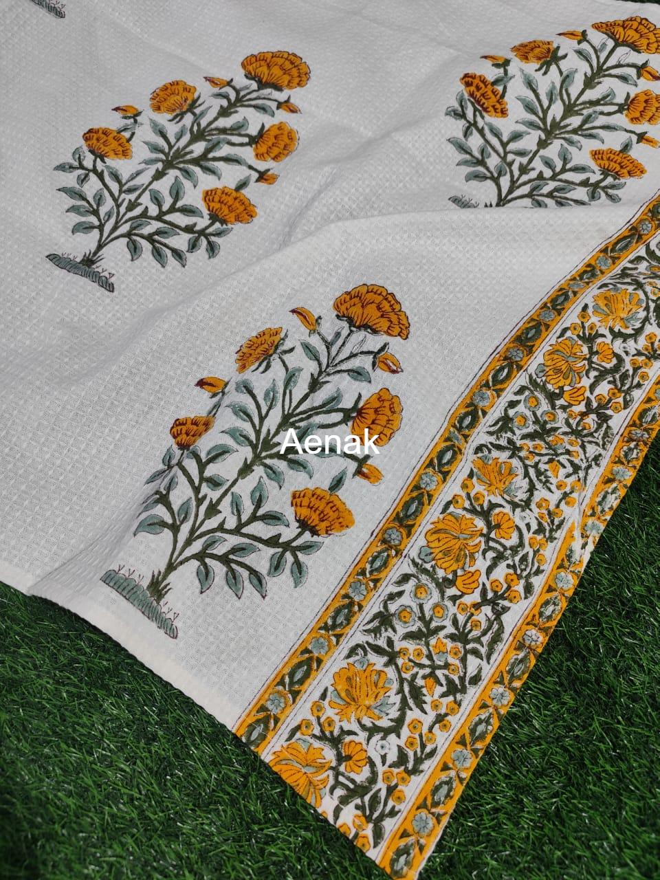 Turmeric Yellow Marigold Handblock Waffle Cotton Towel