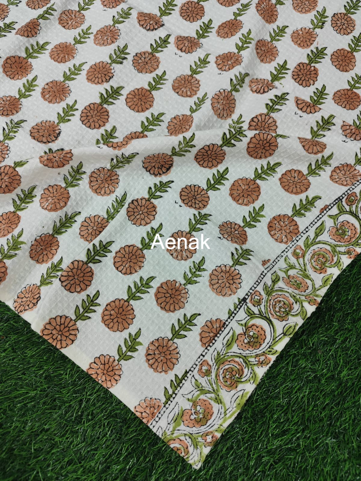 Orange Phool Handblock Waffle Cotton Towel