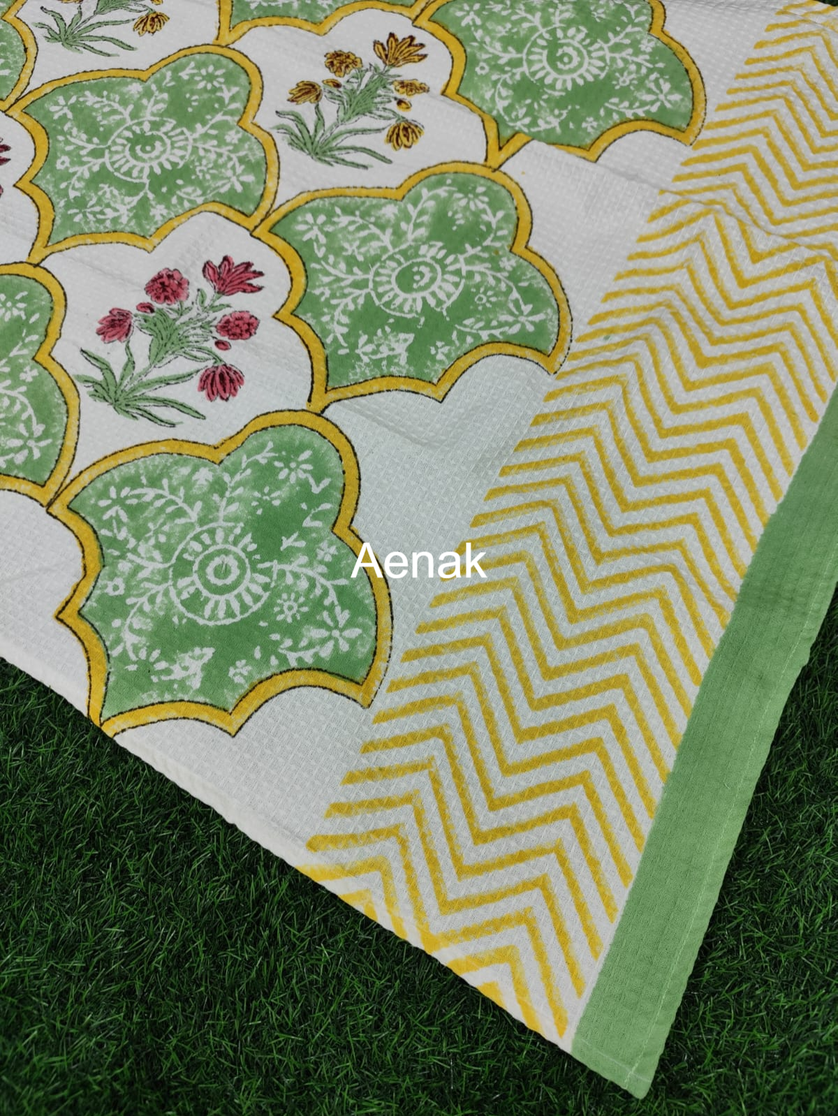 Green Dahlia Handblock Waffle Cotton Towel