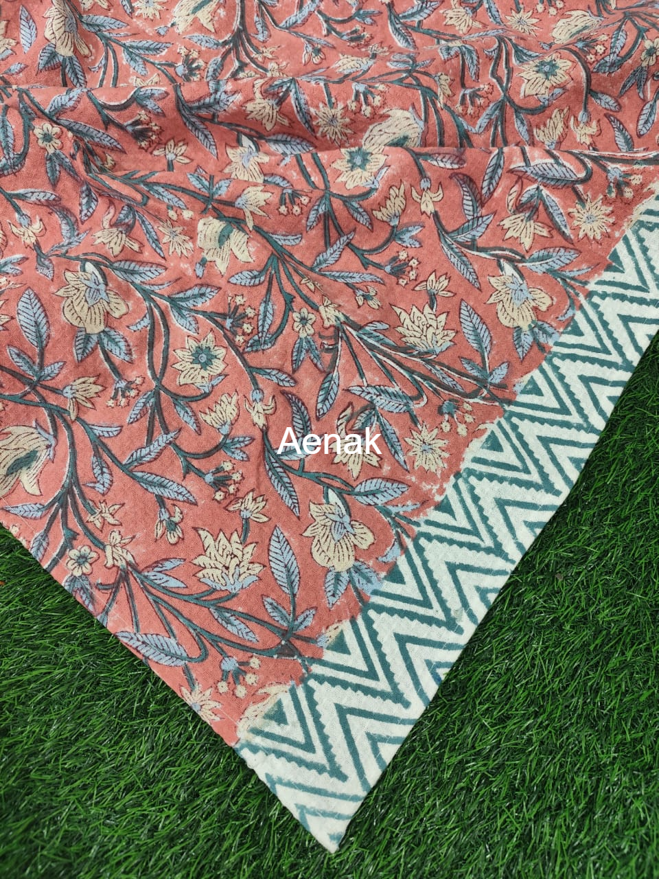 Light Peach Floral Handblock Waffle Cotton Towel