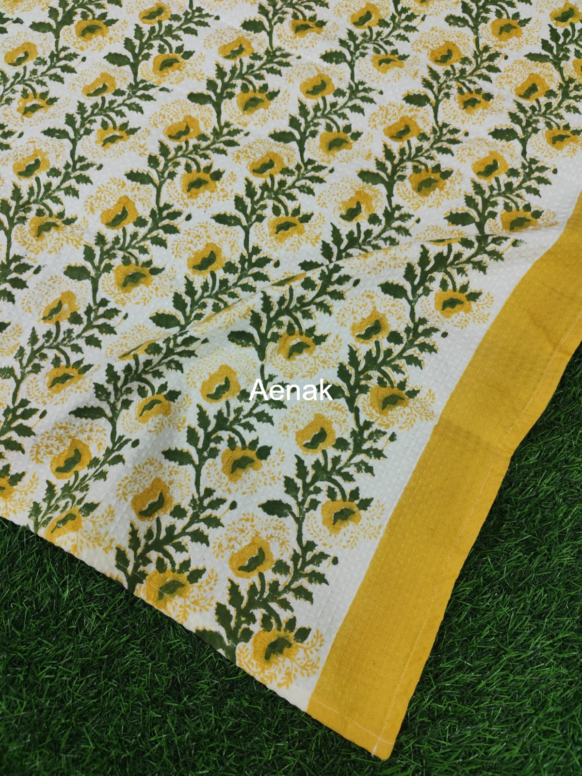 Yellow Phool Handblock Waffle Cotton Towel