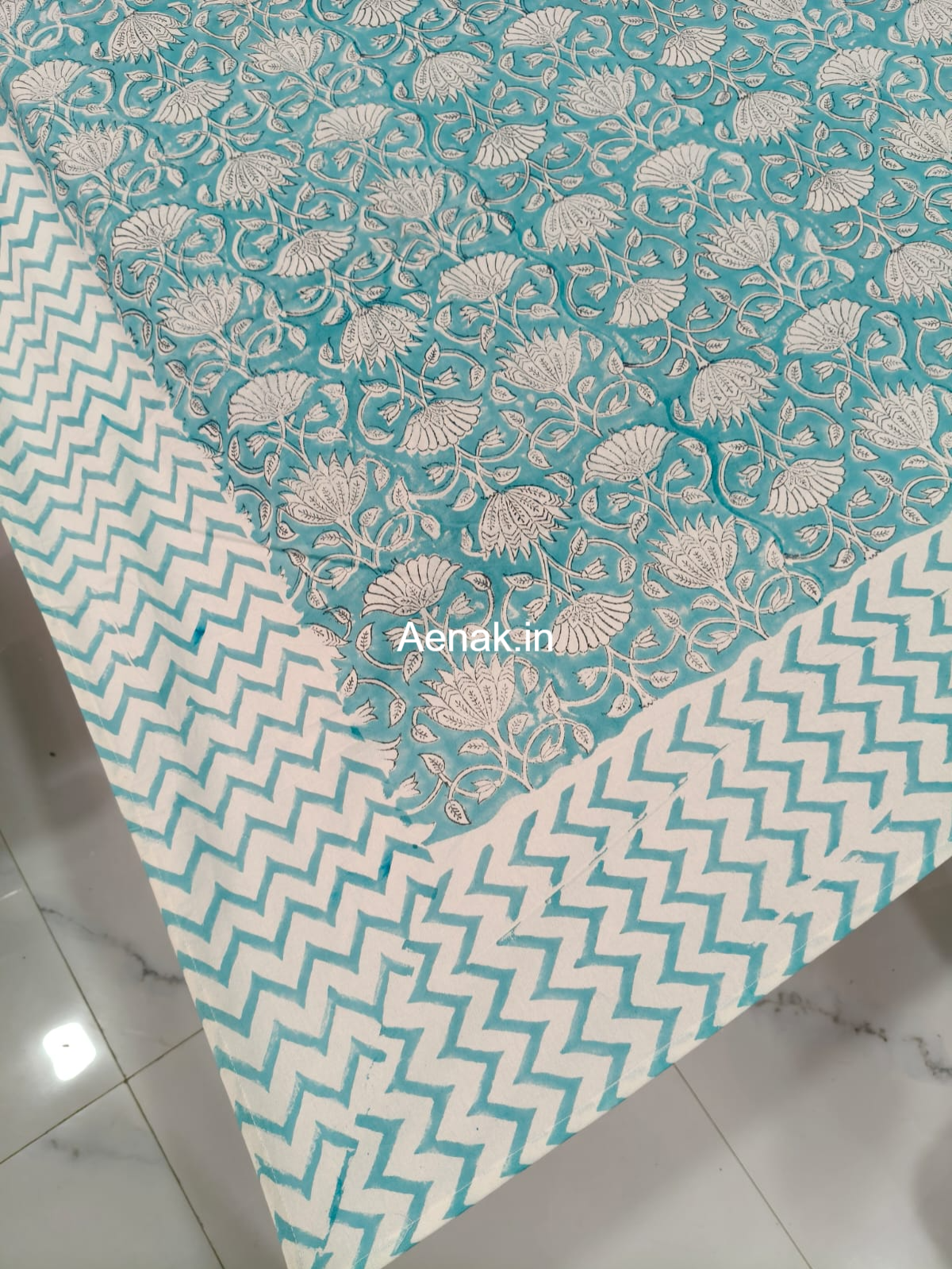 Sky Blue Floral Garden Handblock Table Cover