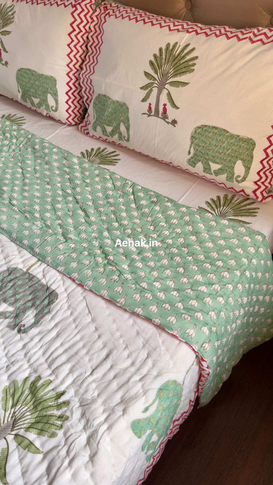 Green Elephant Handblock Reversible Mulmul Cotton Quilt