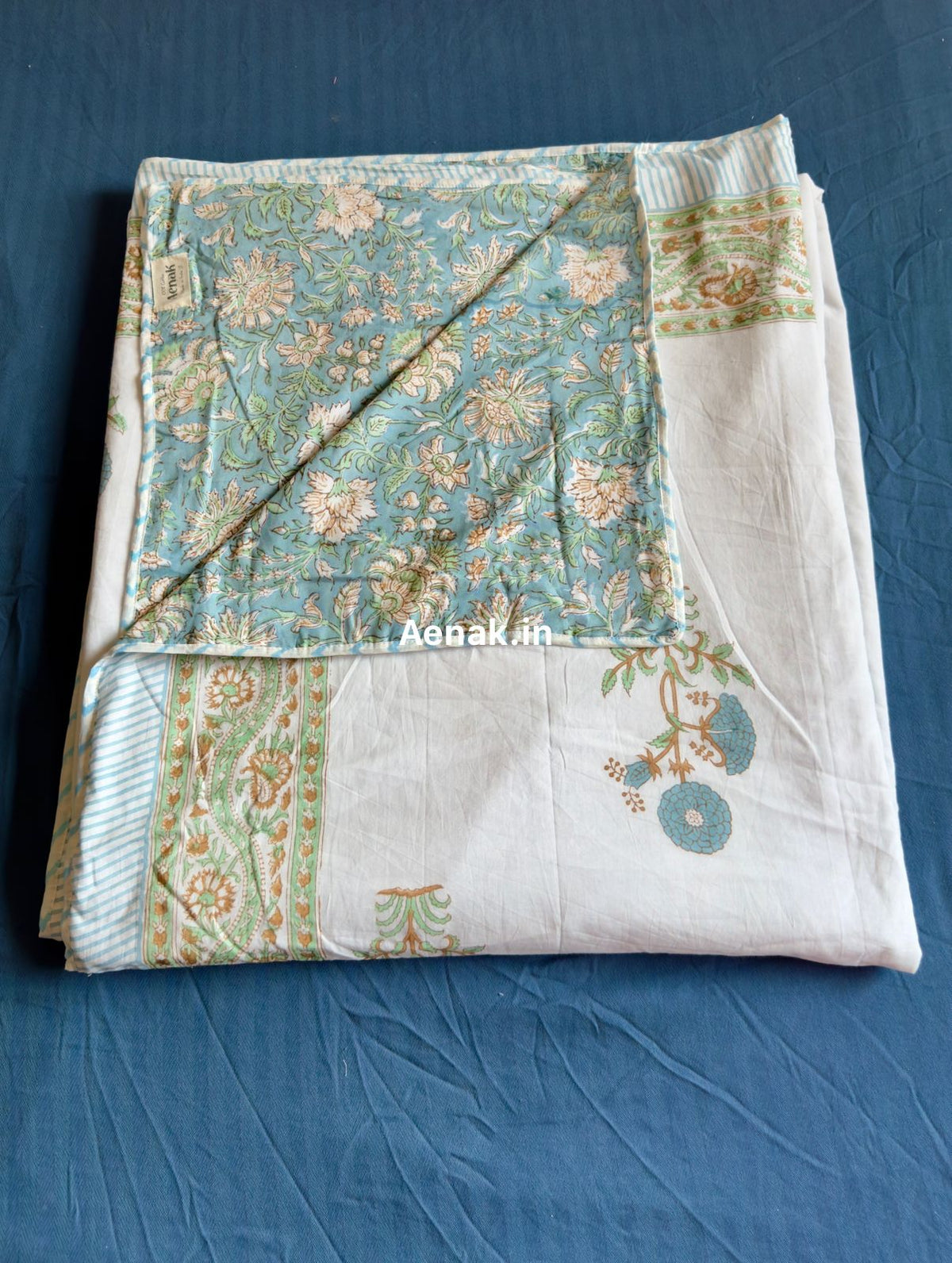 Blue Marigold Handblock Bedsheet + Dohar Combo
