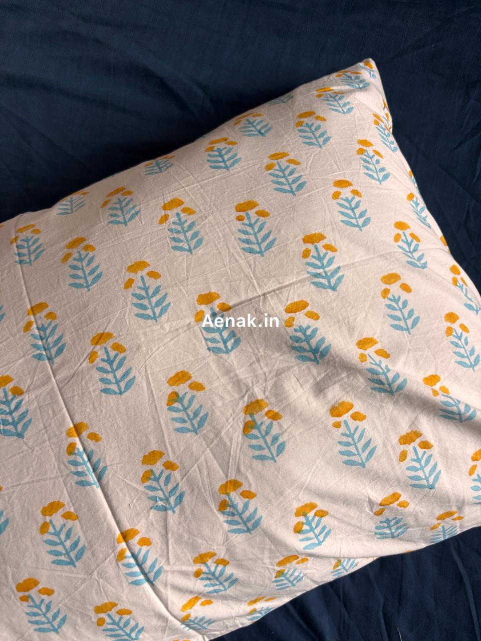 Yellow Blue Lotus Handblock Printed Premium Cotton Bedsheet Set