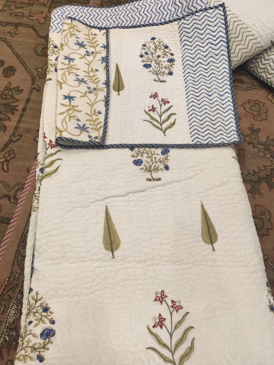 Pink Blue Cypress Boota Handblock Reversible Quilted Cotton Bedcover Set- 105x108