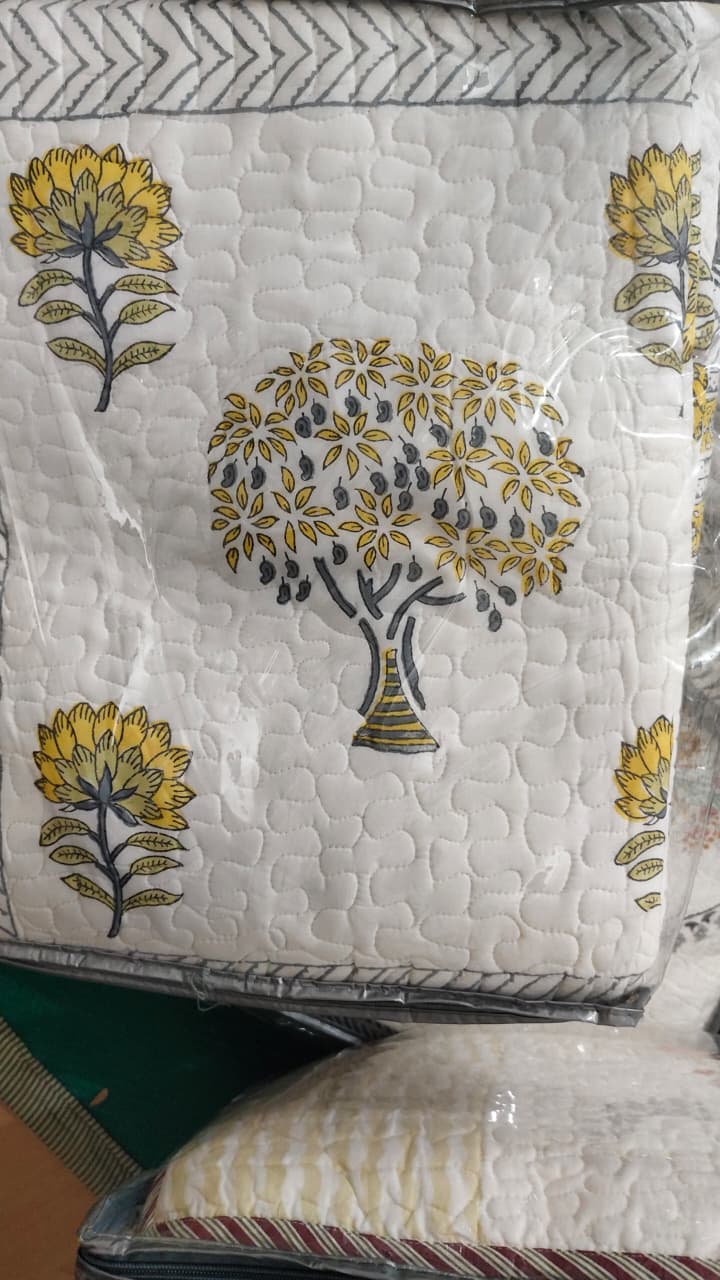 Yellow Bodhi Tree Handblock Reversible Quilted Cotton Bedcover- 105x108