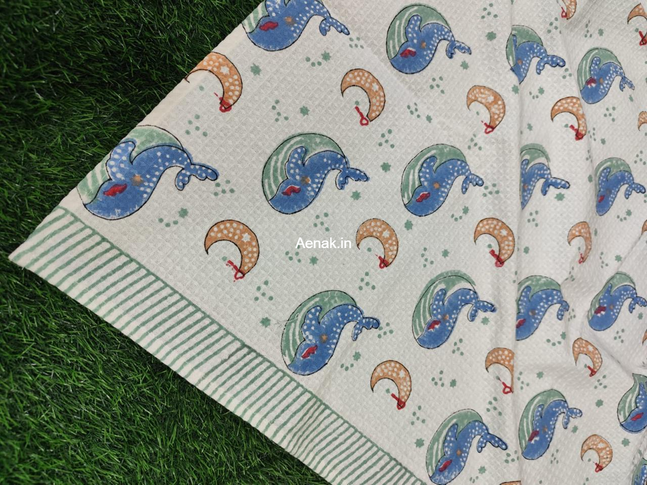 Blue Whale Handblock Waffle Cotton Bathing Towel
