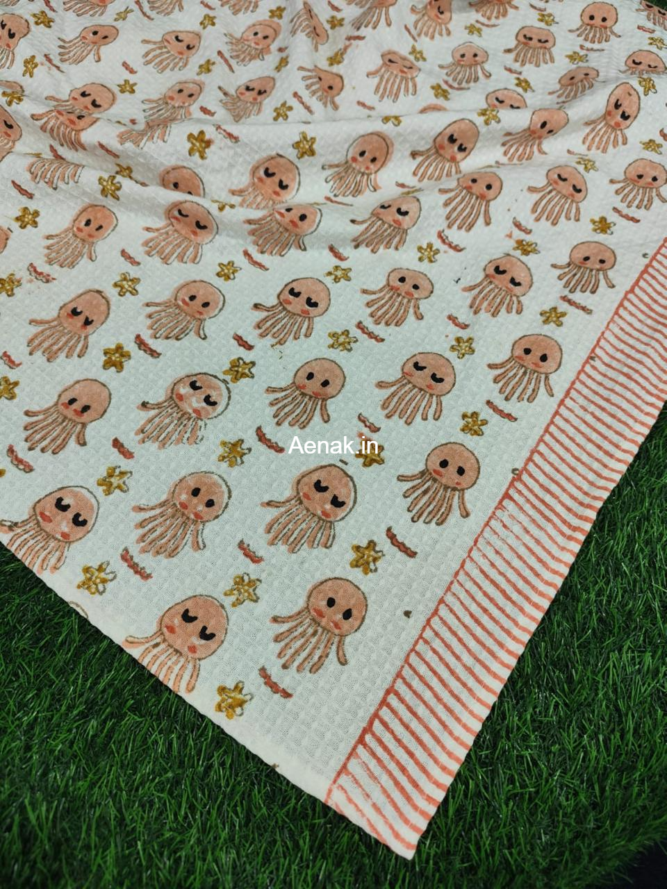 Orange Octopus Handblock Waffle Cotton Bathing Towel