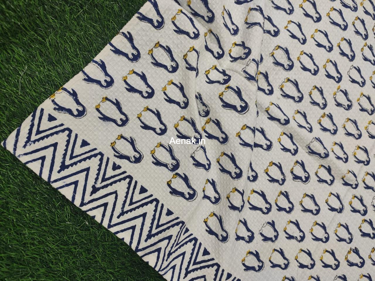 Blue Penguin Handblock Waffle Cotton Bathing Towel