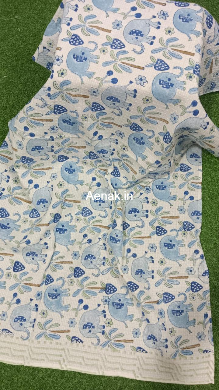 Blue Elephant Handblock Waffle Cotton Bathing Towel