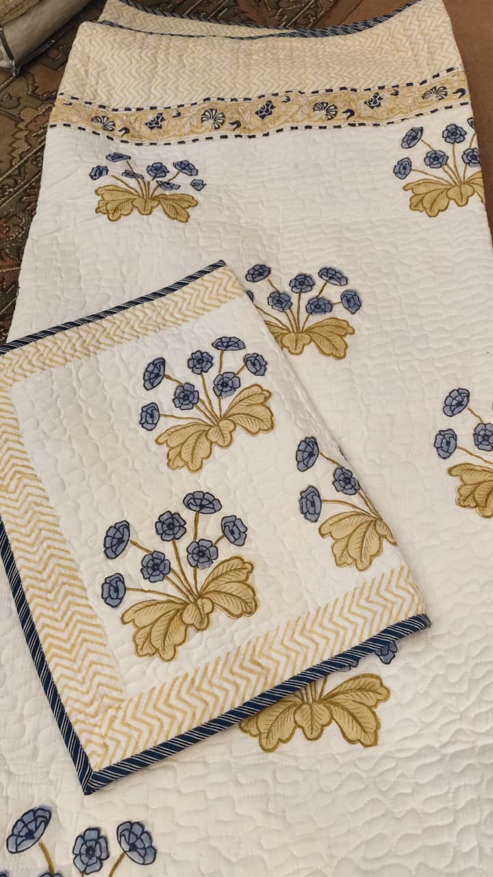 Indigo Petals Handblock Printed Reversible Quilted Bedcover