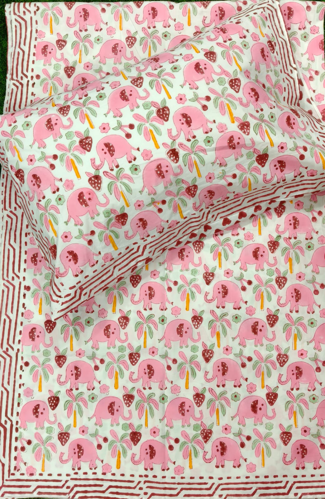 Pink Elephant Handblock Printed Premium Cotton Kids Bedsheet Set