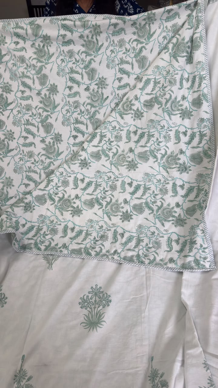 Sea Green Blossom Handblock Mulmul Cotton Reversible Dohar