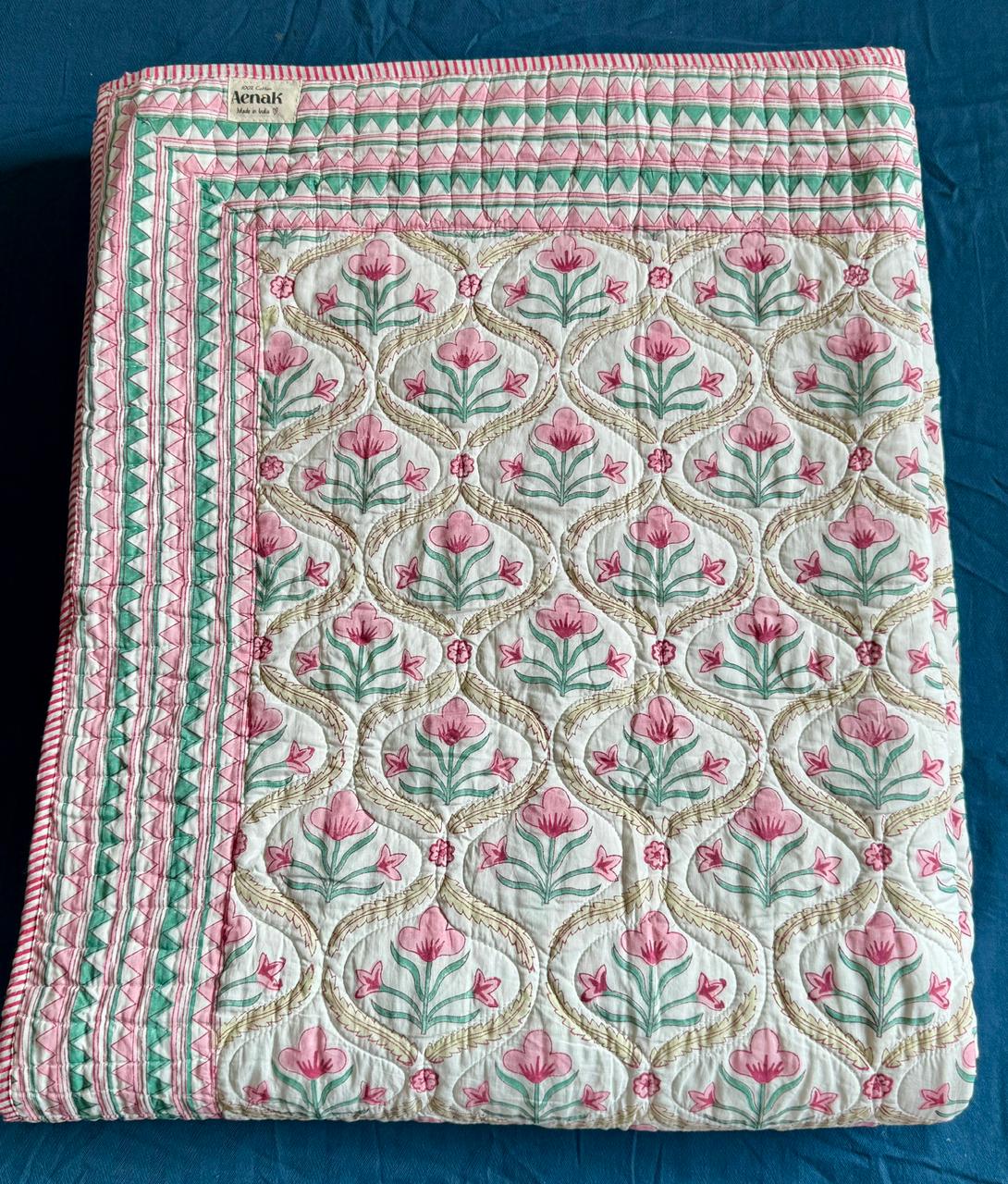 Pink & Green Cotton Bud Handblock Reversible Mulmul Cotton Quilt
