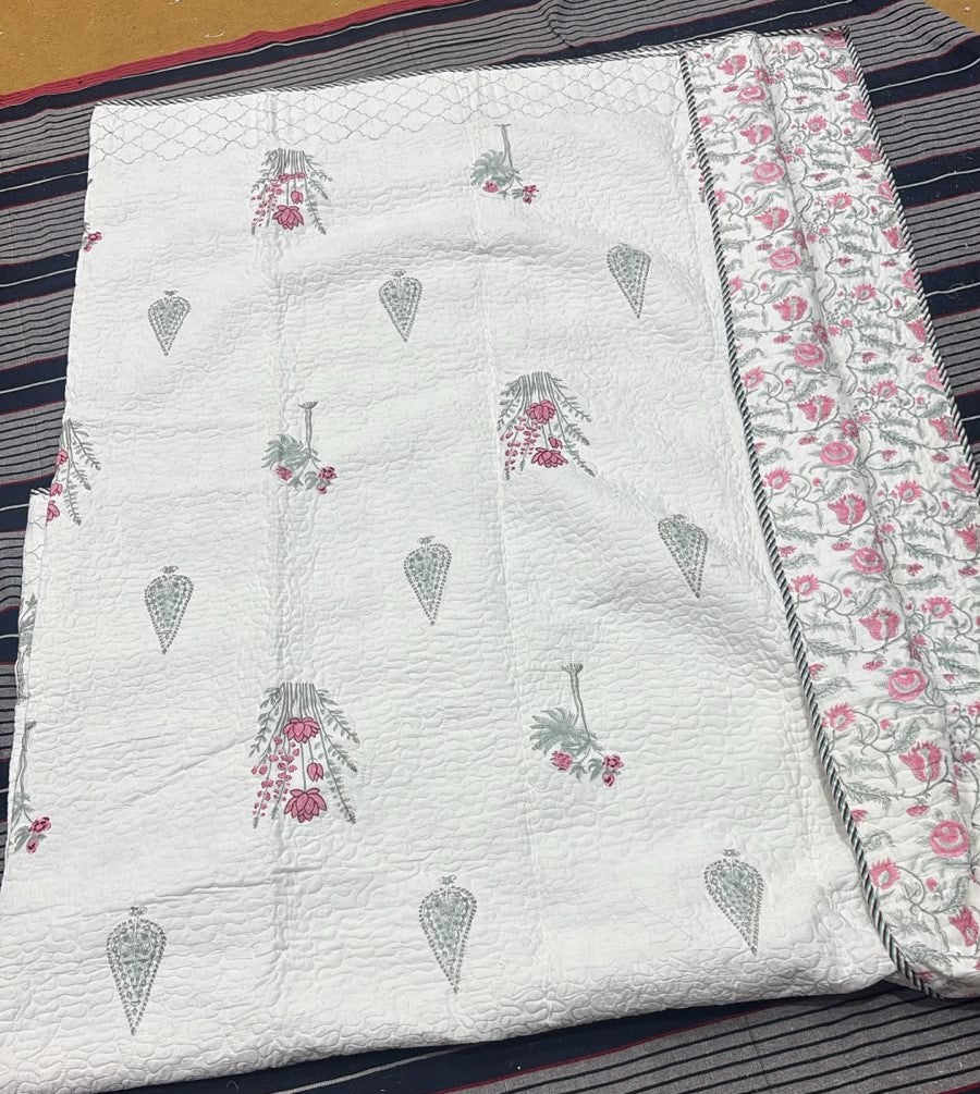 Green Ashoka Handblock Printed Reversible Quilted Bedcover 105x108