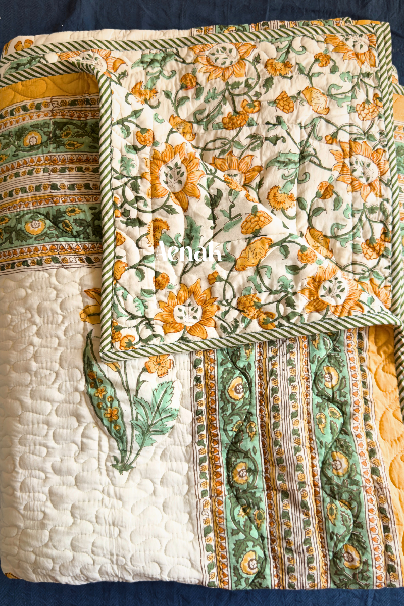 Yellow Lily Handblock Bedsheet + Quilted Bedcover Combo