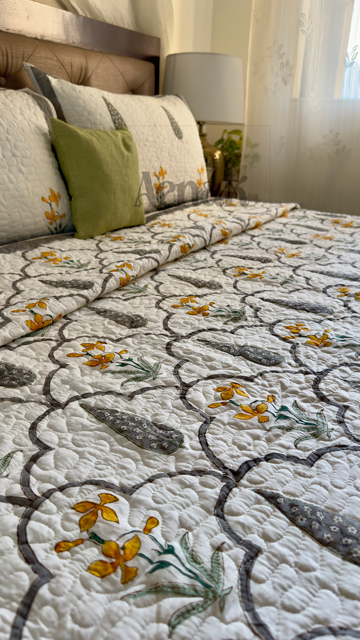 Grey Cypress Handblock Printed Reversible Quilted Cotton Bedcover