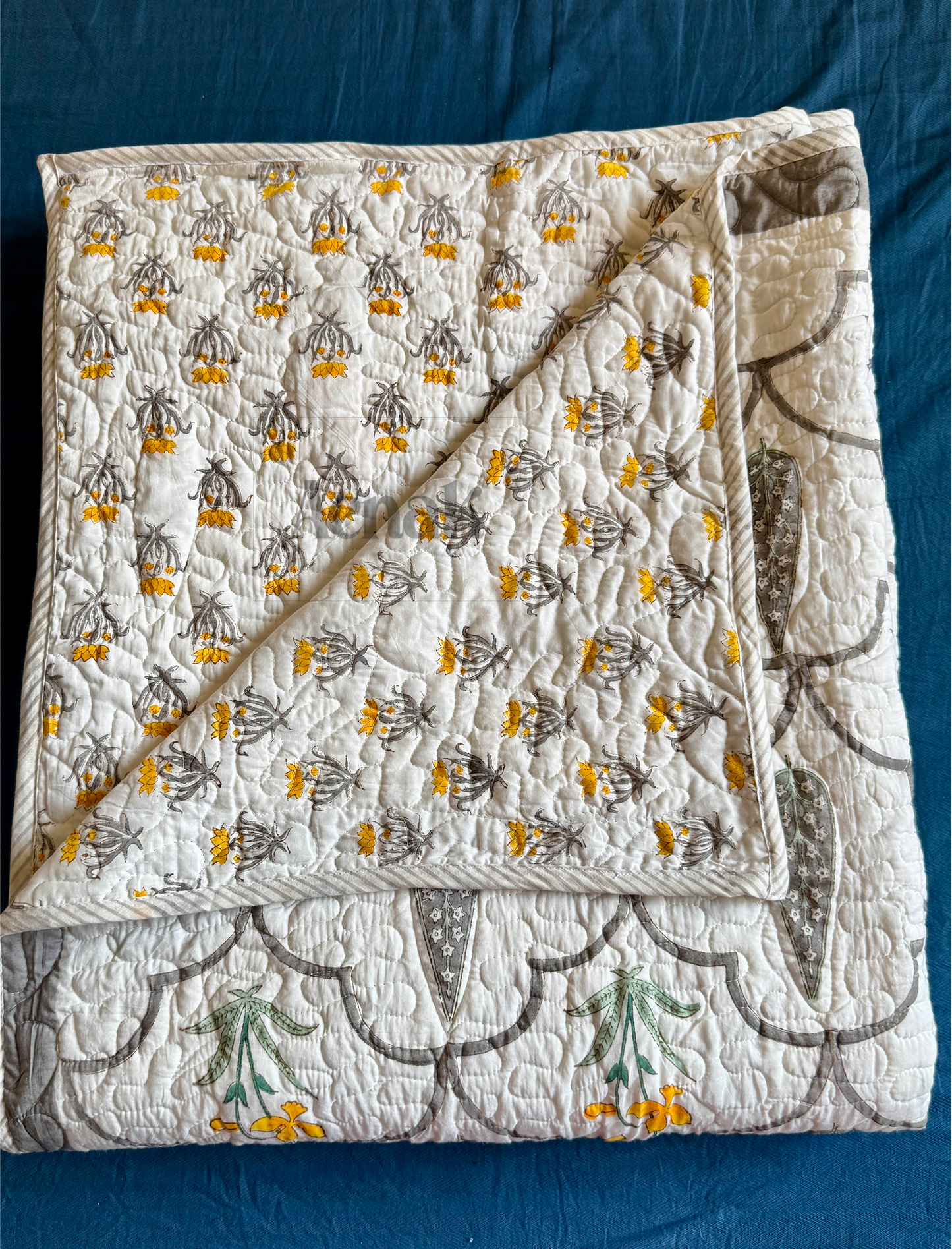 Grey Cypress Handblock Printed Reversible Quilted Cotton Bedcover