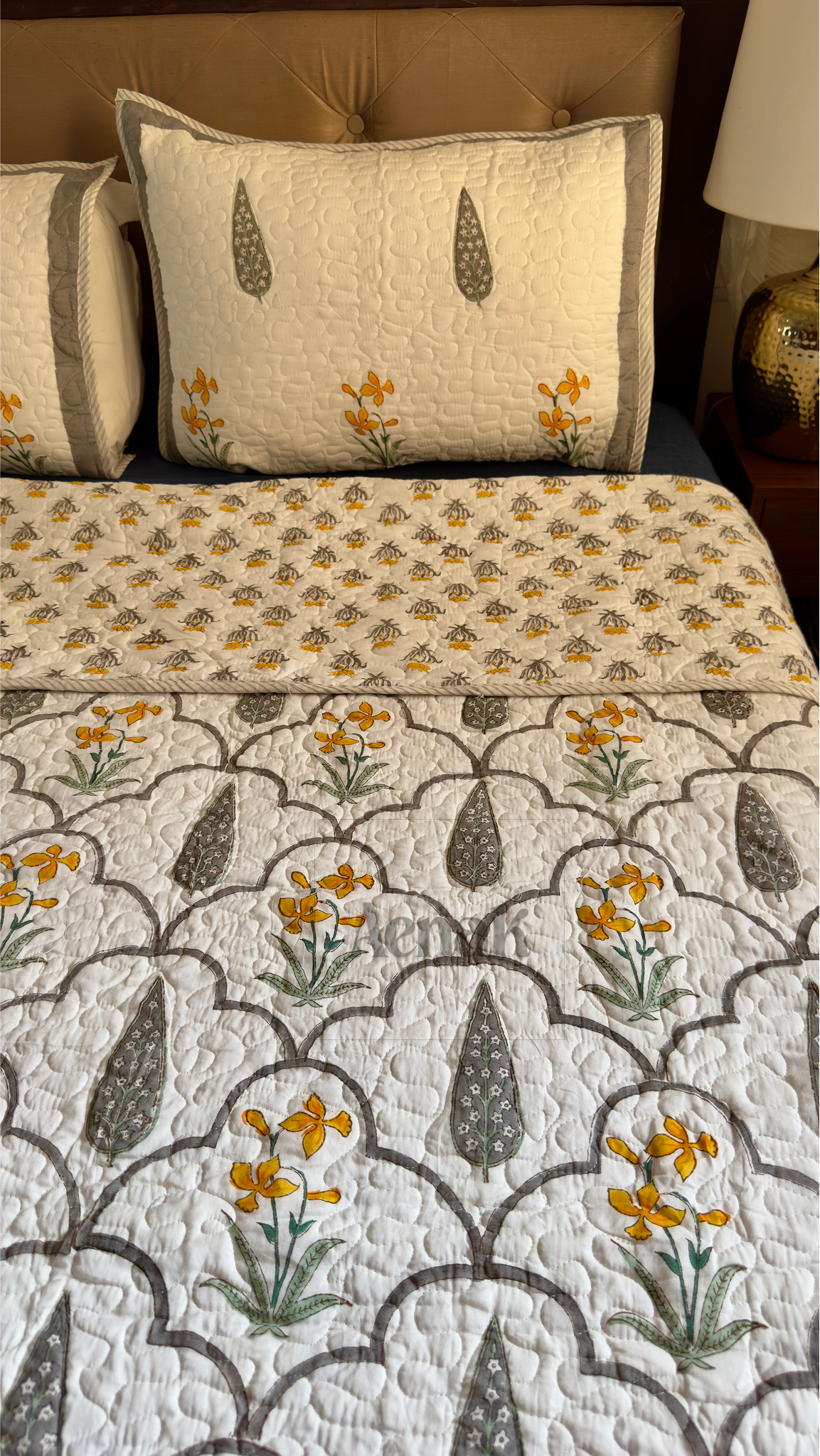 Grey Cypress Handblock Printed Reversible Quilted Cotton Bedcover