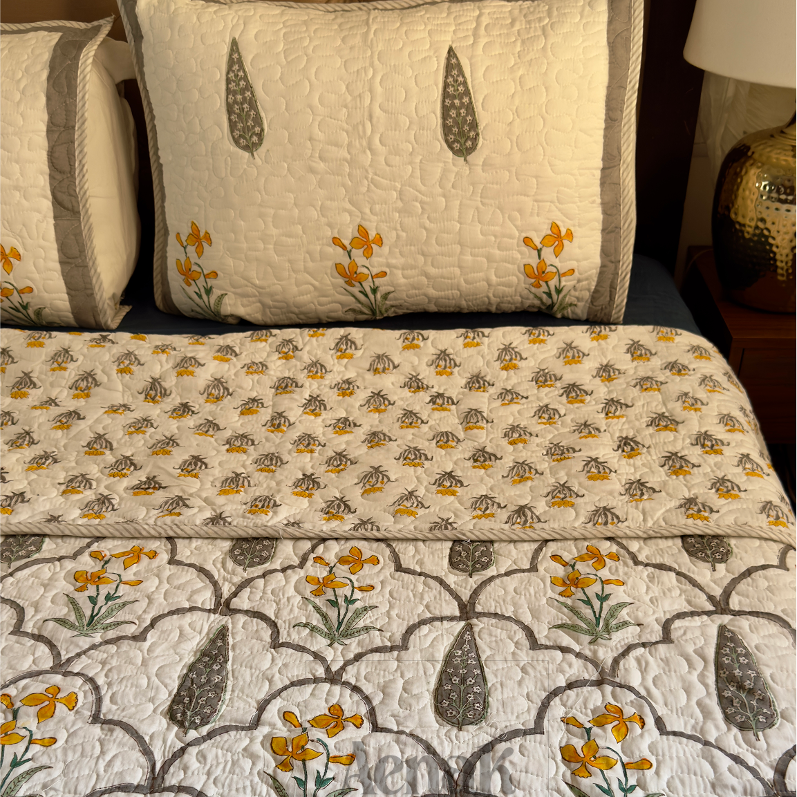 Grey Cypress Handblock Reversible Quilted Cotton Bedcover Set – Aenak