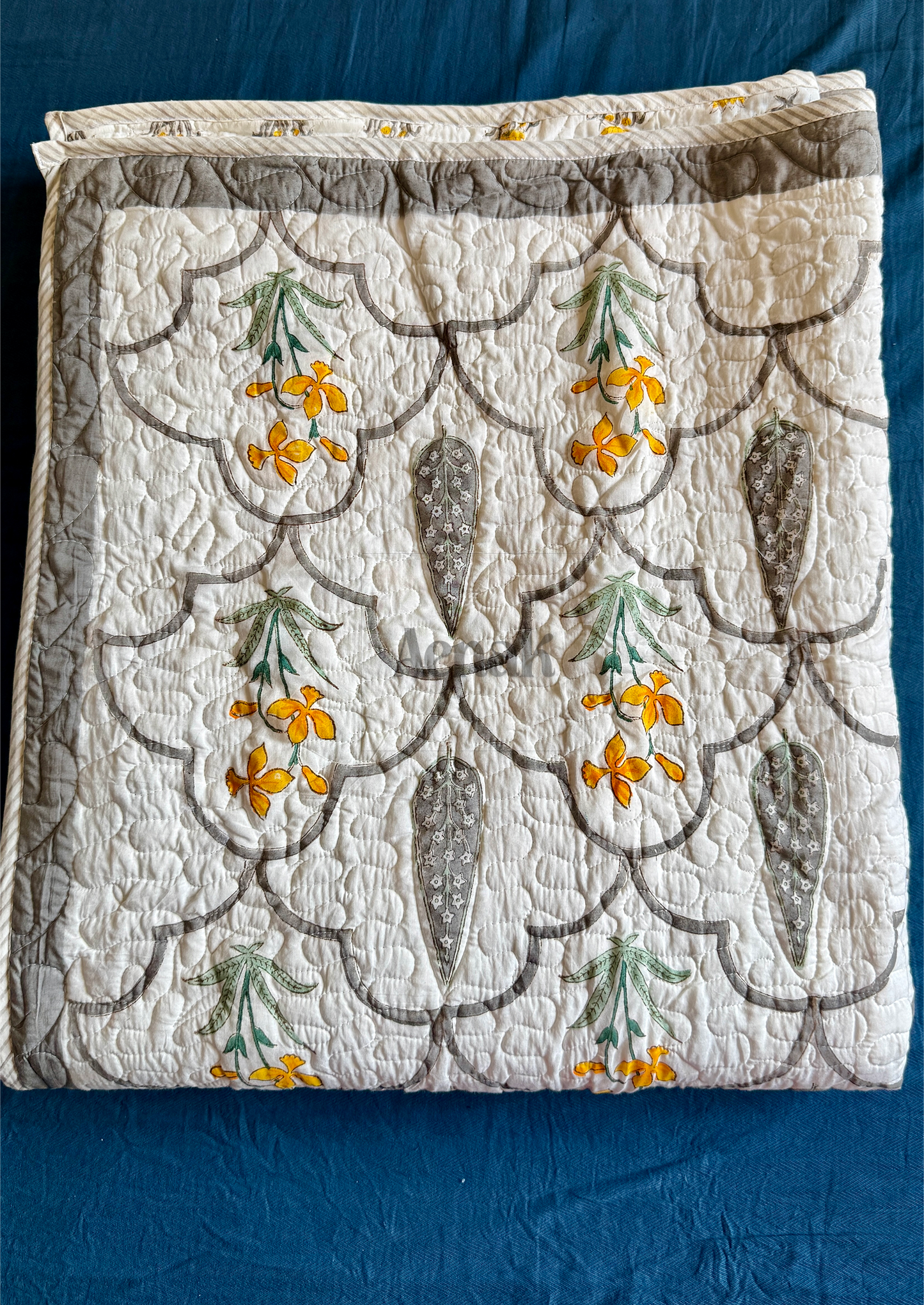 Grey Cypress Handblock Printed Reversible Quilted Cotton Bedcover