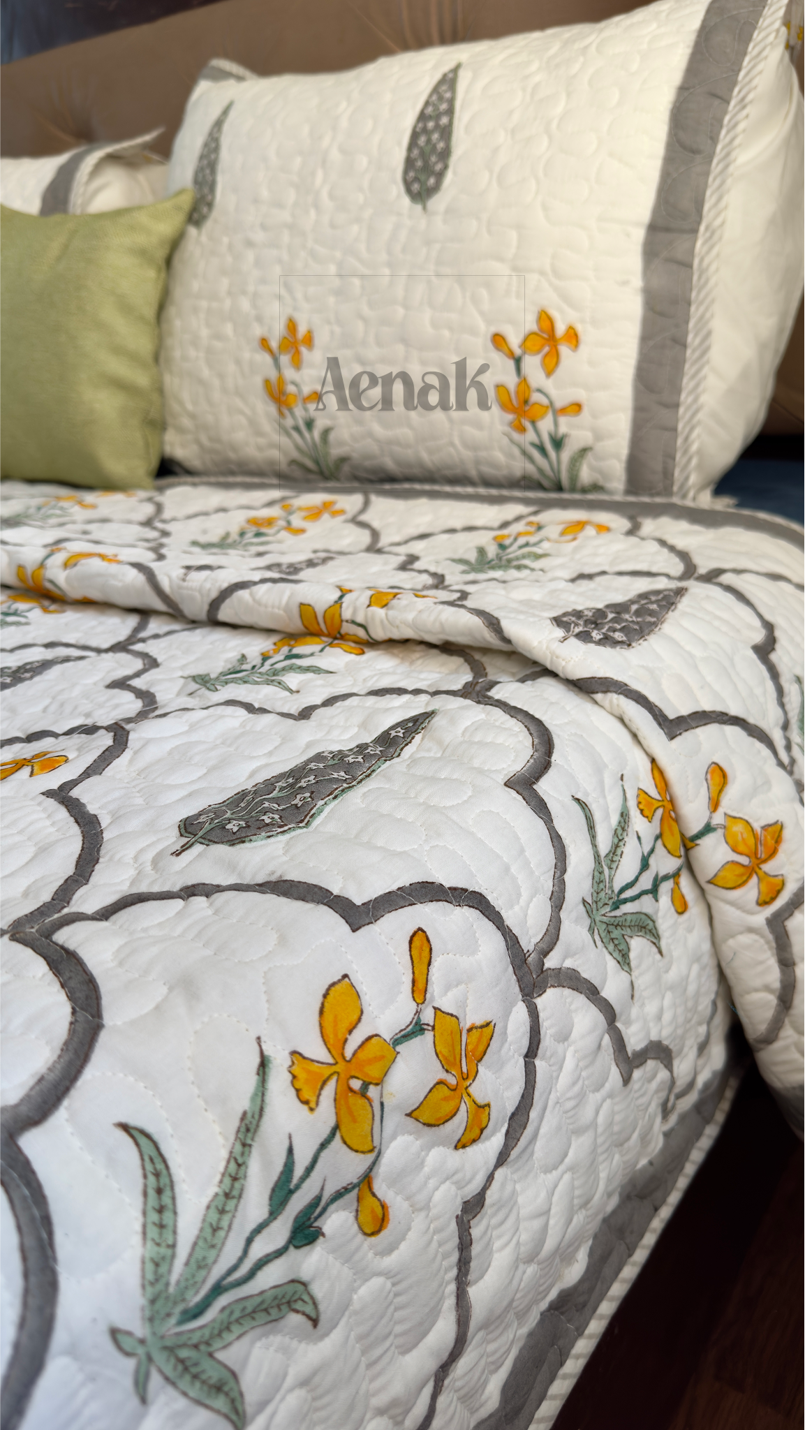 Grey Cypress Handblock Printed Reversible Quilted Cotton Bedcover