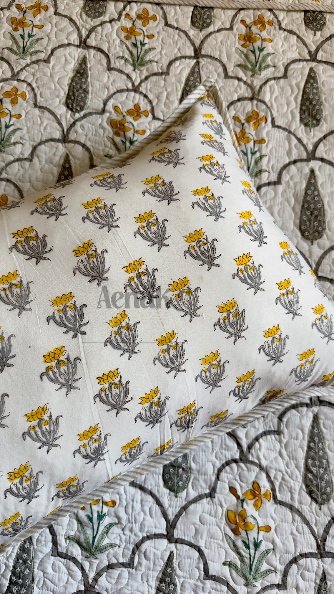 Grey Cypress Handblock Printed Reversible Quilted Cotton Bedcover